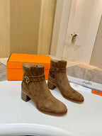 Hermes ladies brown suede ankle boots with logo buckle and chunky block heel