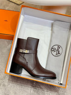 Dark brown leather ankle boot with silver buckle strap in gift box