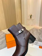 Dark brown leather ankle boot with buckle strap and chunky block heel