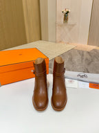 Hermes ladies brown leather ankle boots, side view pair with block heels