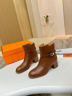Hermes ladies brown leather mid-ankle boots with buckle detail and chunky heel