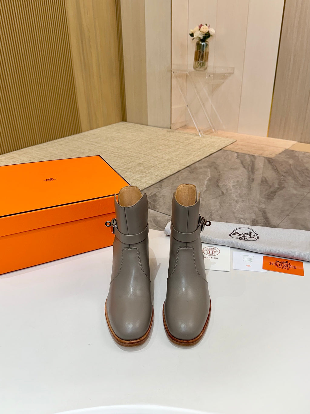 Hermes ladies ankle boots pair, gray leather ankle height with buckle and block heel