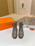 Hermes ladies ankle boots pair, gray leather ankle height with buckle and block heel