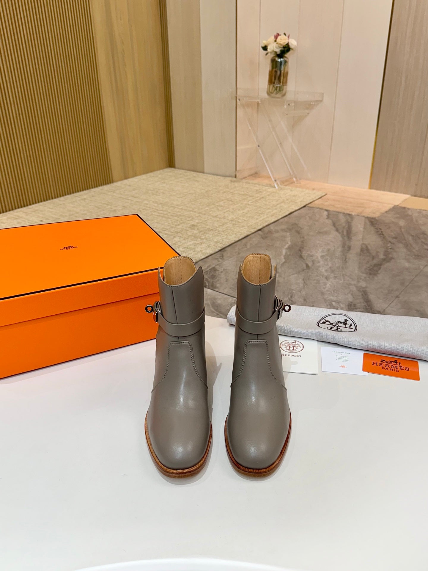 Hermes ladies ankle boots pair, gray leather ankle height with buckle and block heel