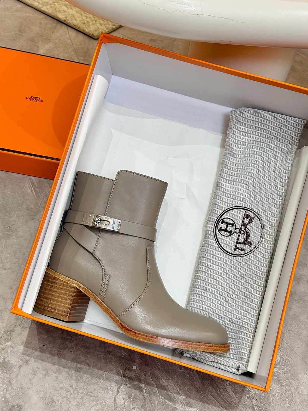 Hermes ladies ankle boots in box, gray leather ankle boot with side buckle