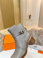 Hermes ladies ankle boots, gray leather with buckle detail and block heel