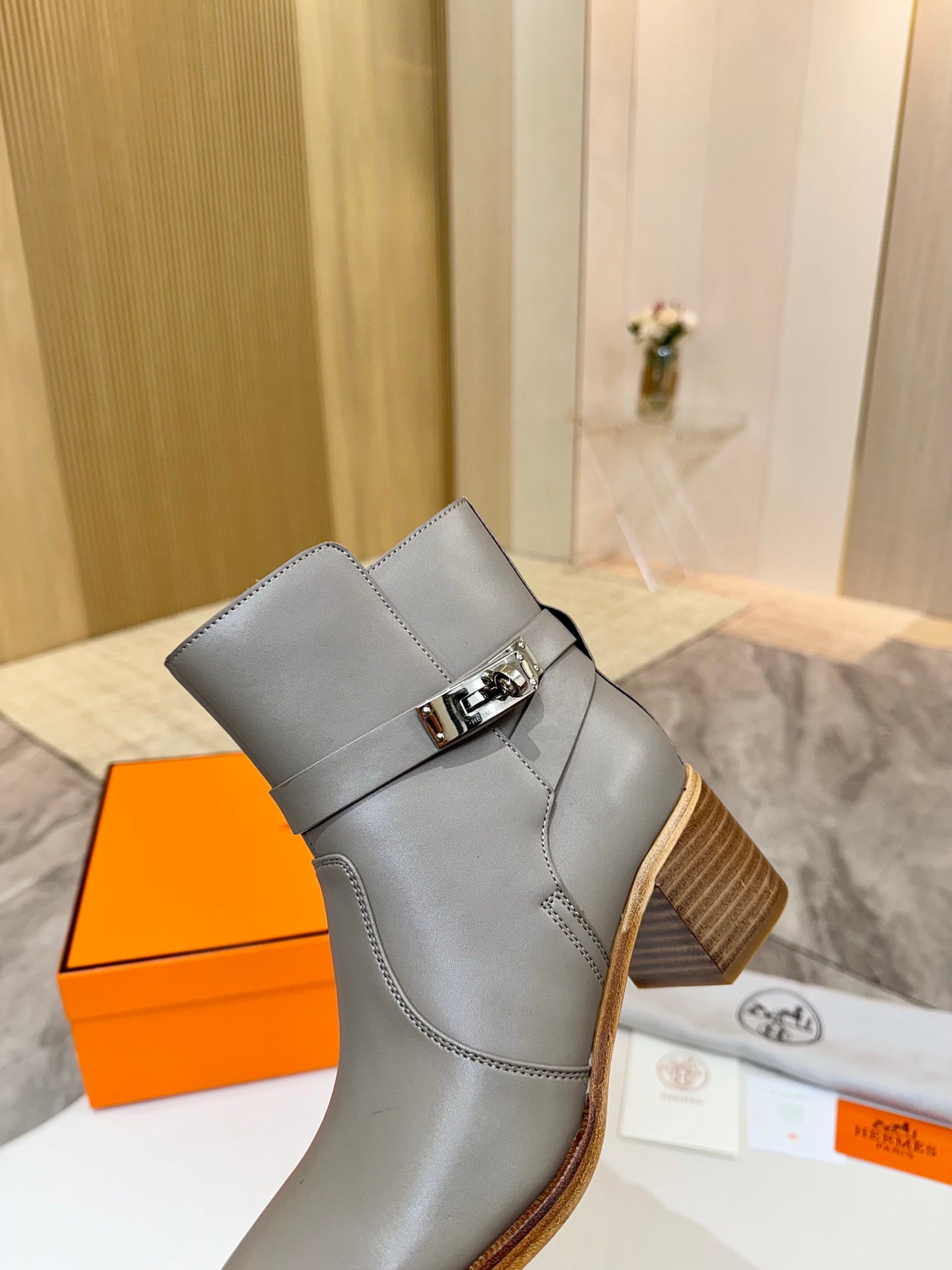 Hermes ladies ankle boots, gray leather with buckle detail and block heel