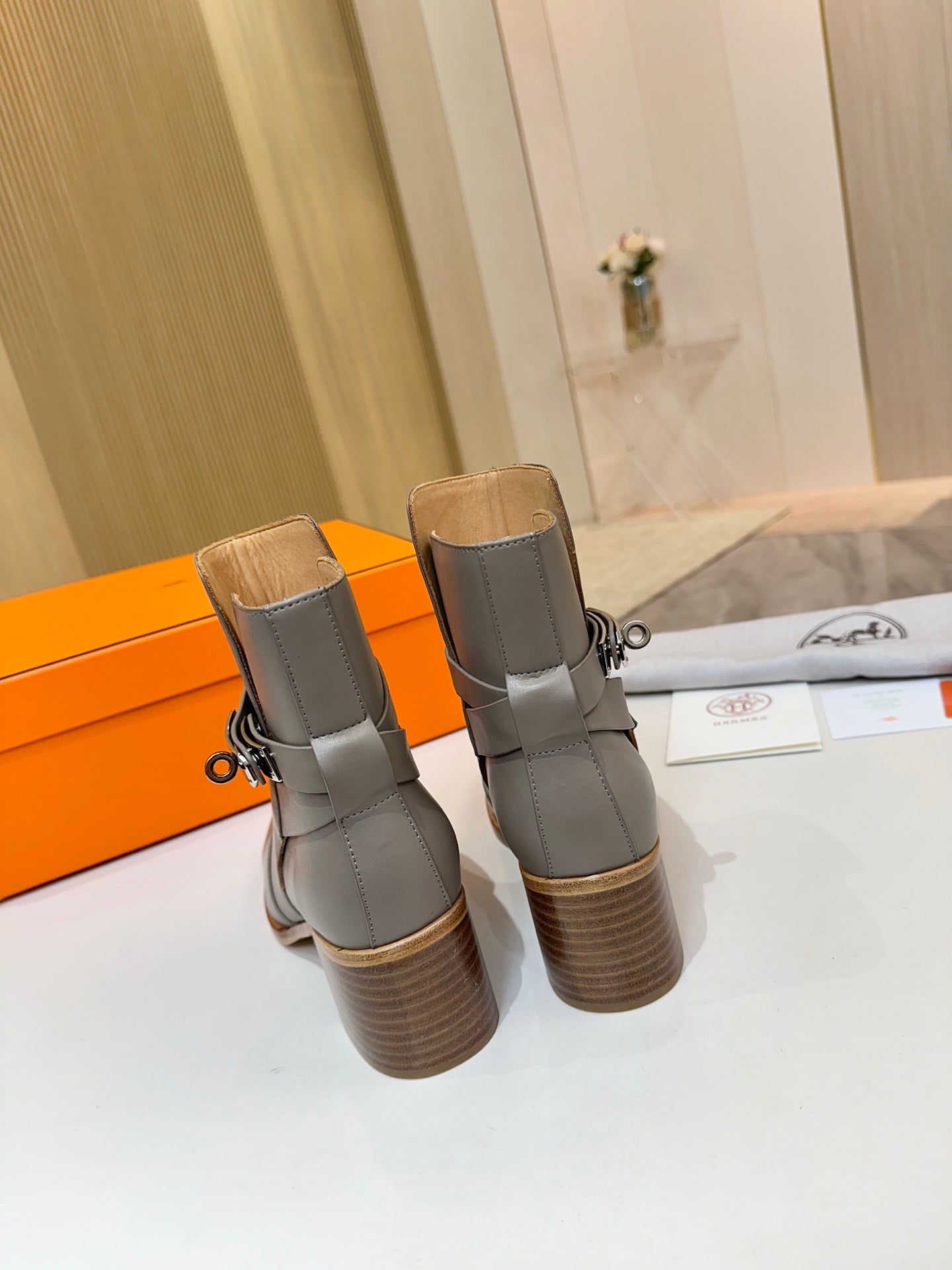 Hermes ladies ankle boots, gray leather with buckle strap and chunky ribbed block heel