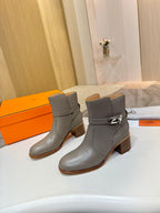 Hermes ladies ankle boots, gray leather with buckle strap and mid-height block heel