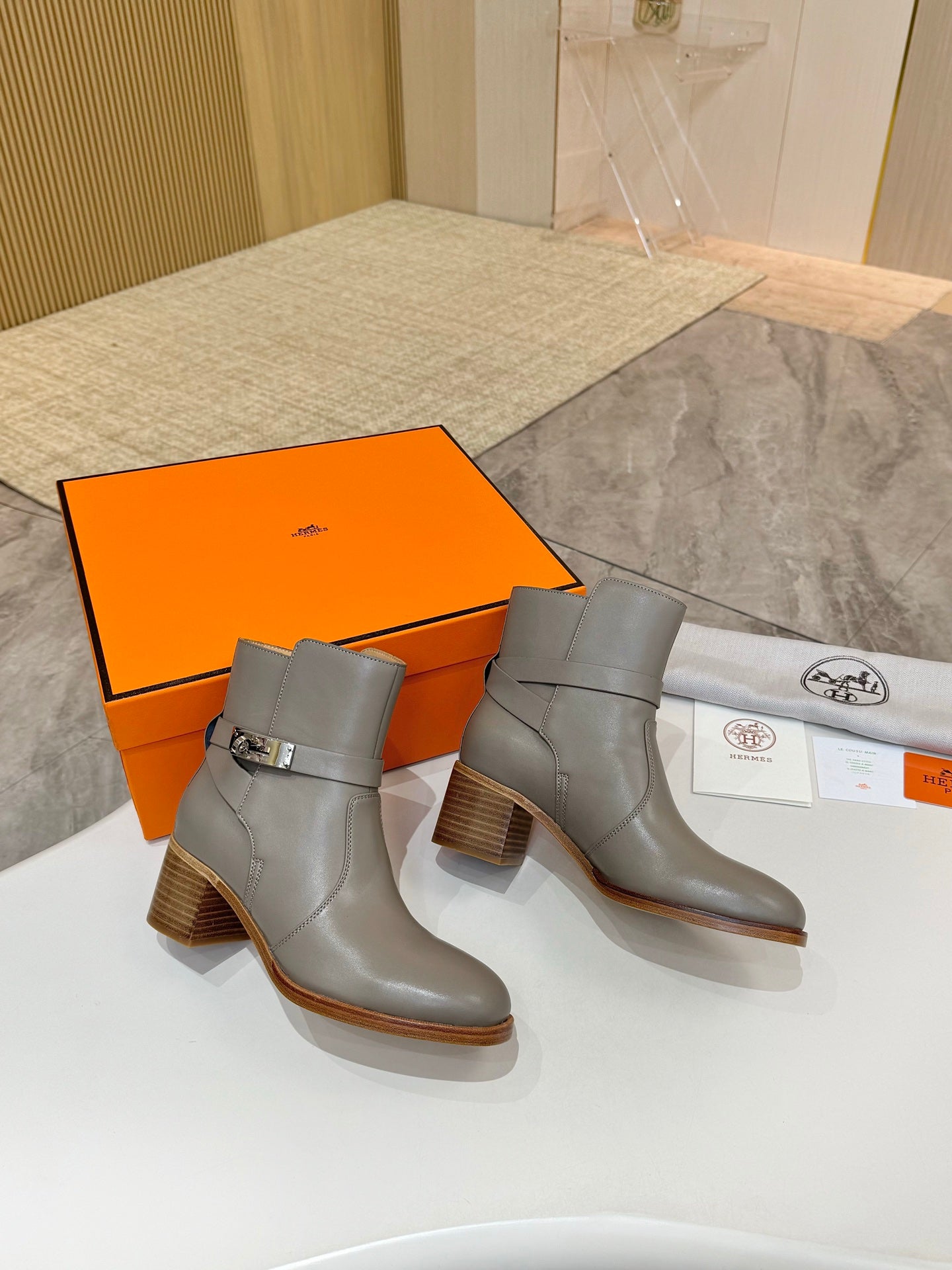 Hermes ladies ankle boots, gray leather ankle style with side buckle and chunky block heel