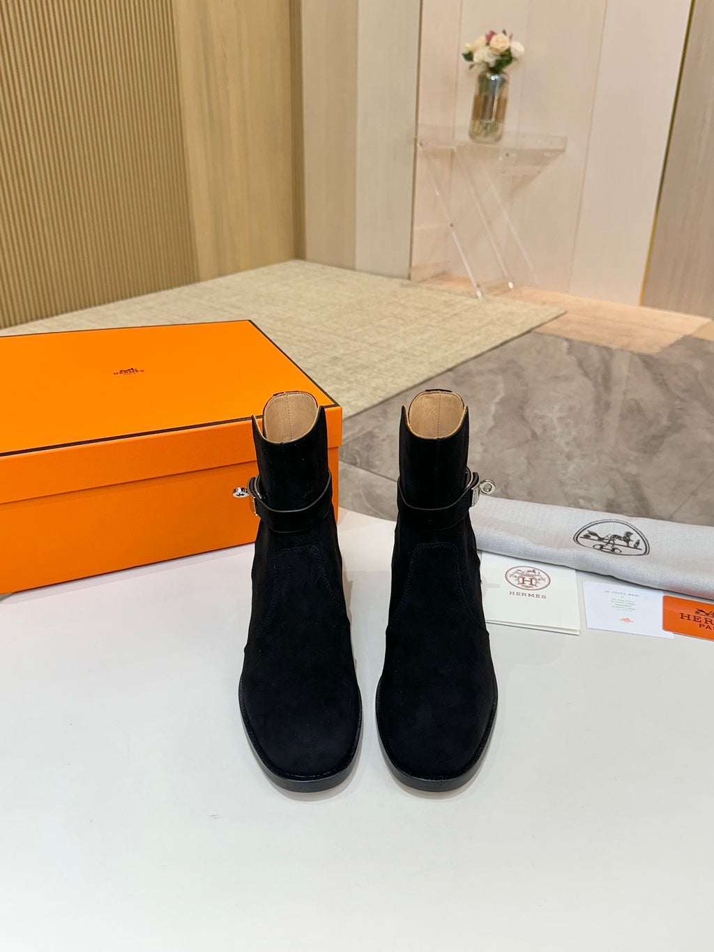 Hermes black suede ankle boots, pair view with rounded toe and block heel