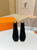 Hermes black suede ankle boots, pair view with rounded toe and block heel