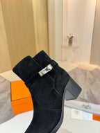 Hermes black suede ankle boots with silver buckle strap and block heel