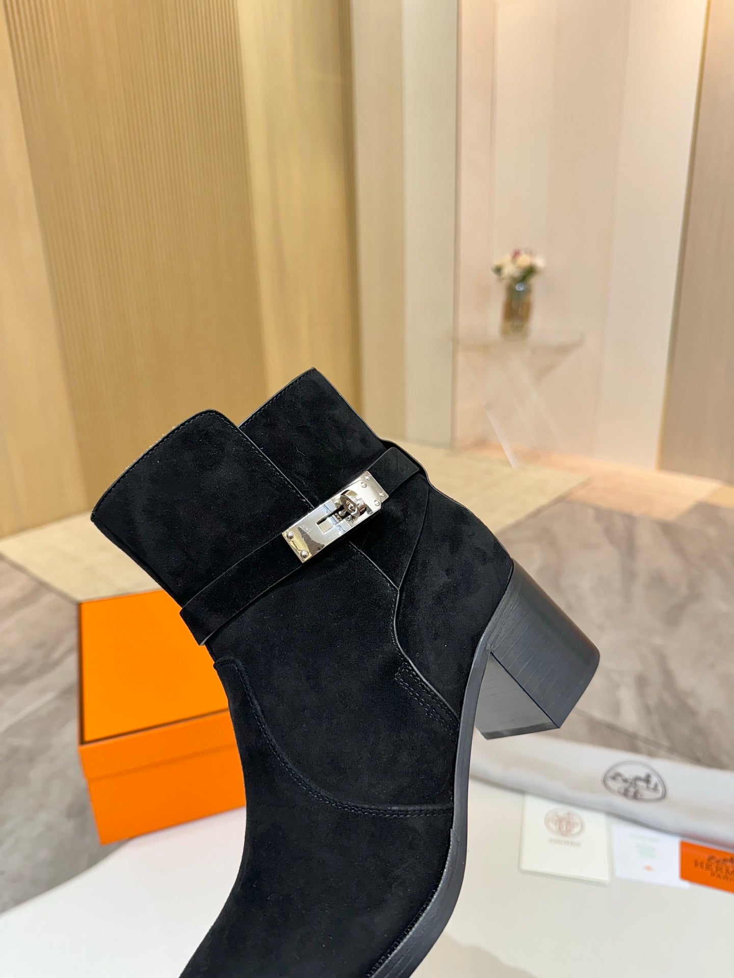 Hermes black suede ankle boots with silver buckle strap and block heel