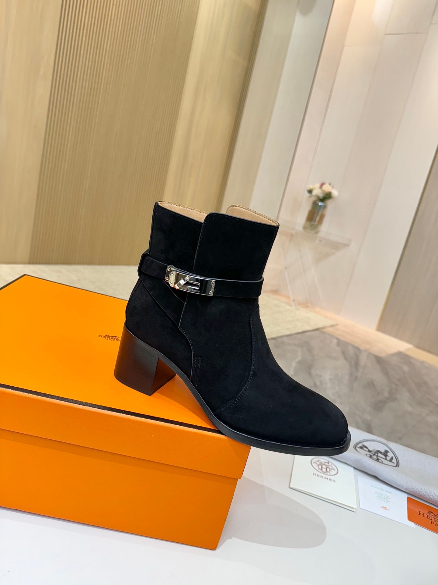 Hermes black suede ankle boots with silver buckle strap and block heel