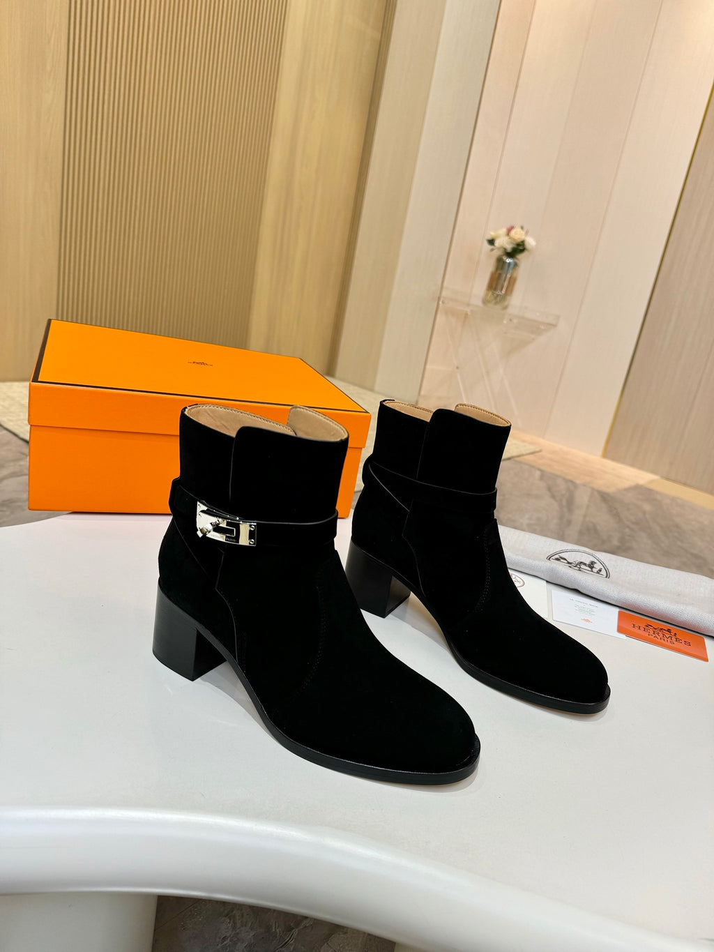 Hermes black suede ankle boots with silver buckle strap and chunky block heel