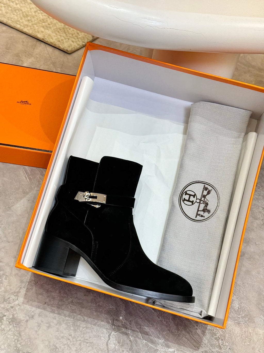 Hermes black suede ankle boots in box, silver buckle strap and block heel