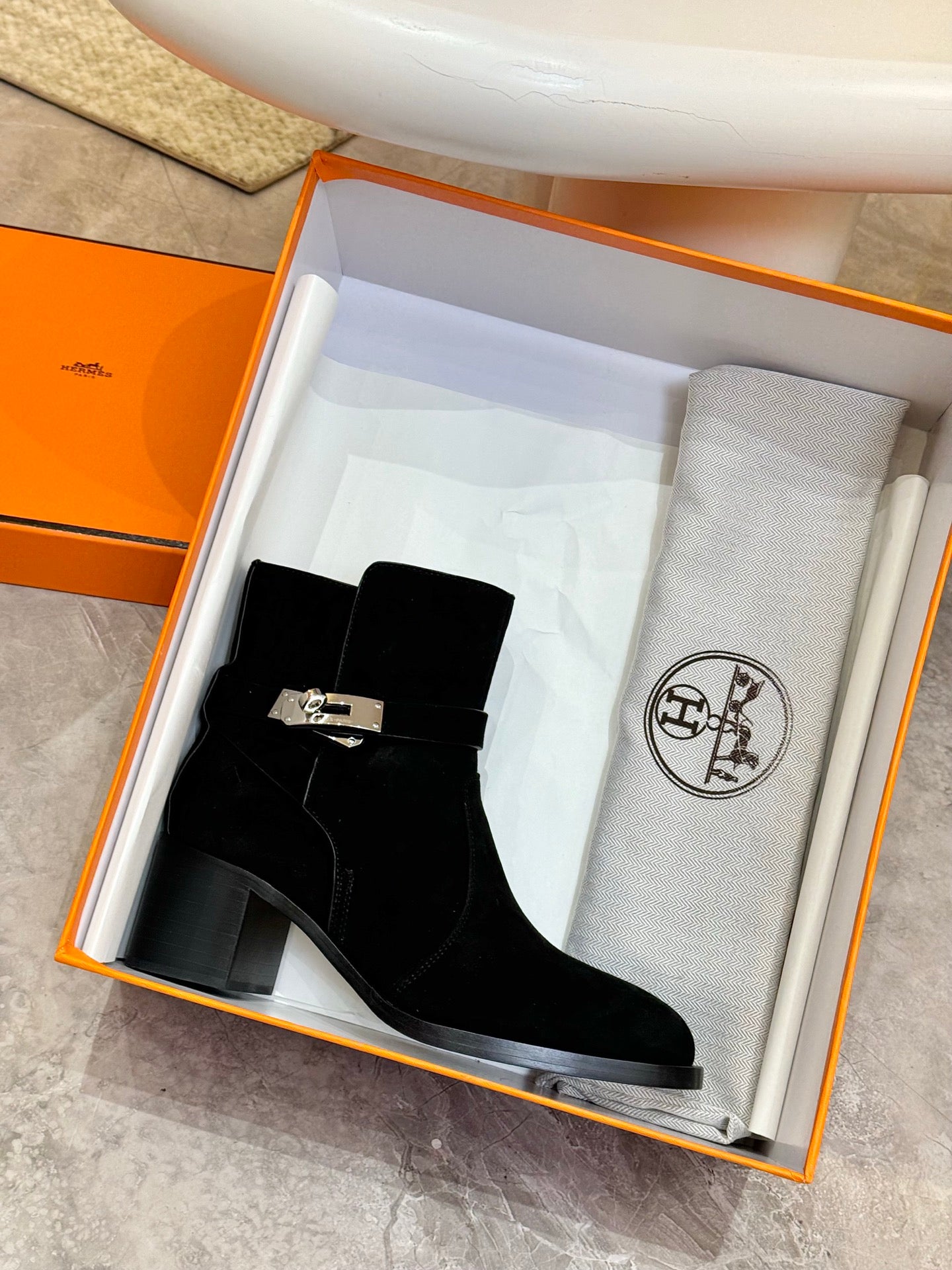 Hermes black suede ankle boots in box, silver buckle strap and block heel