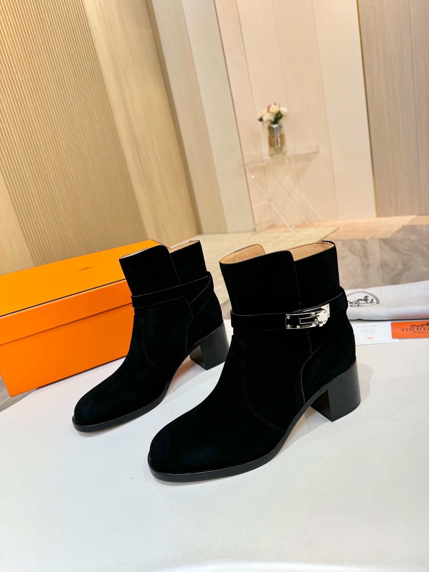 Hermes black suede ankle boots with square block heel and pull-on shaft