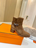 Suede ankle boot with buckle strap and block heel, brown suede