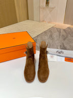Suede ankle boots standing upright, side buckle, block heel, brown suede