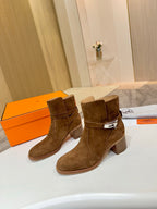 Suede ankle boots with silver buckle detail and block heel, brown suede