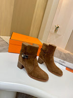 Suede ankle boots with buckle strap and block heel, brown suede pair