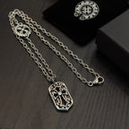 Set of silver-tone pendant necklaces with shield charms and clasp detail