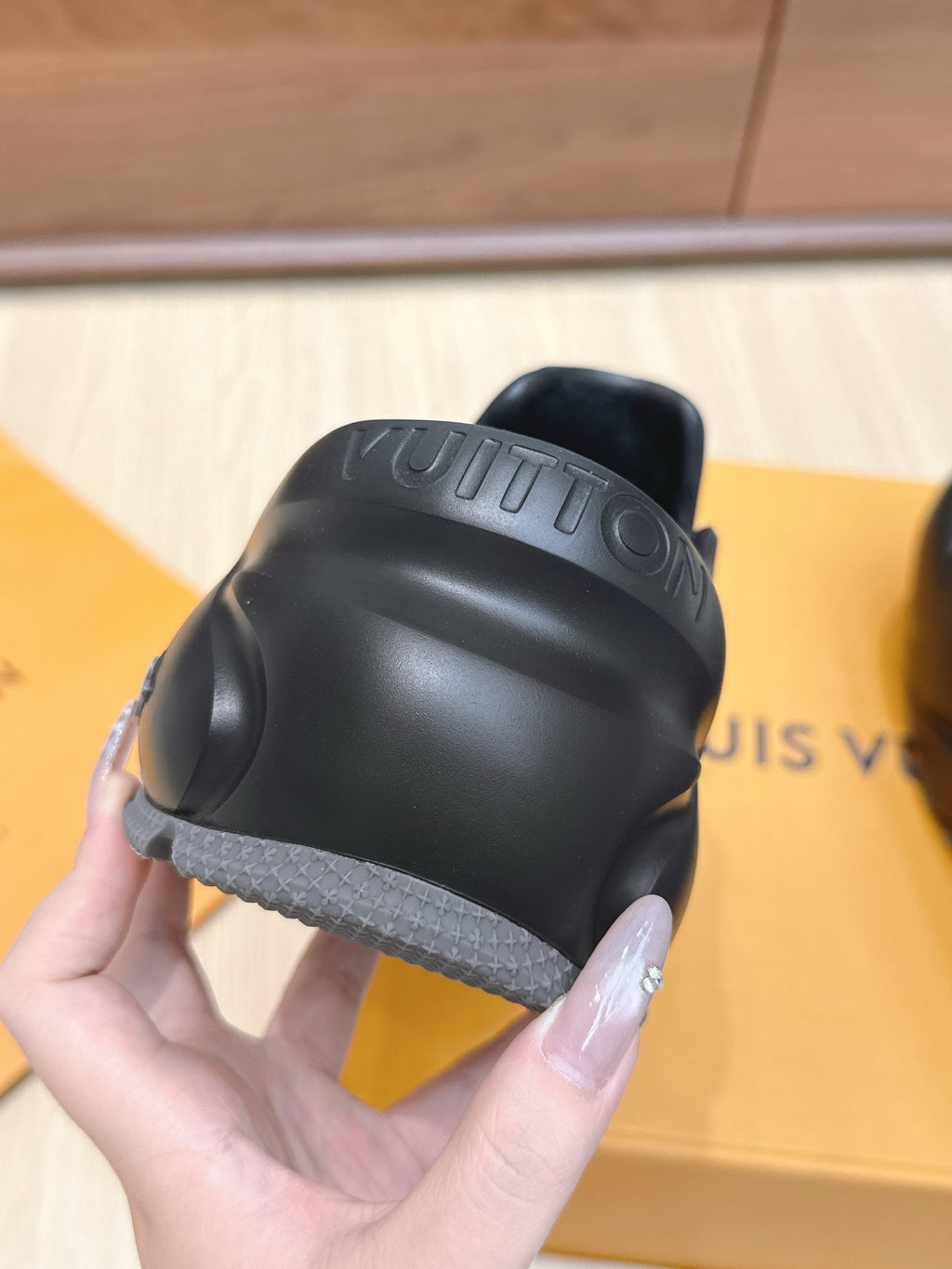 Louis Vuitton black clog sandal heel with embossed LV logo band