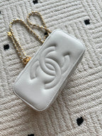 Chanel quilted mini bag with CC emblem on flap, white, gold chain strap
