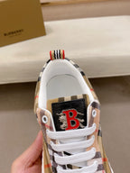 Plaid sneaker tongue with Burberry B logo and white lace-up