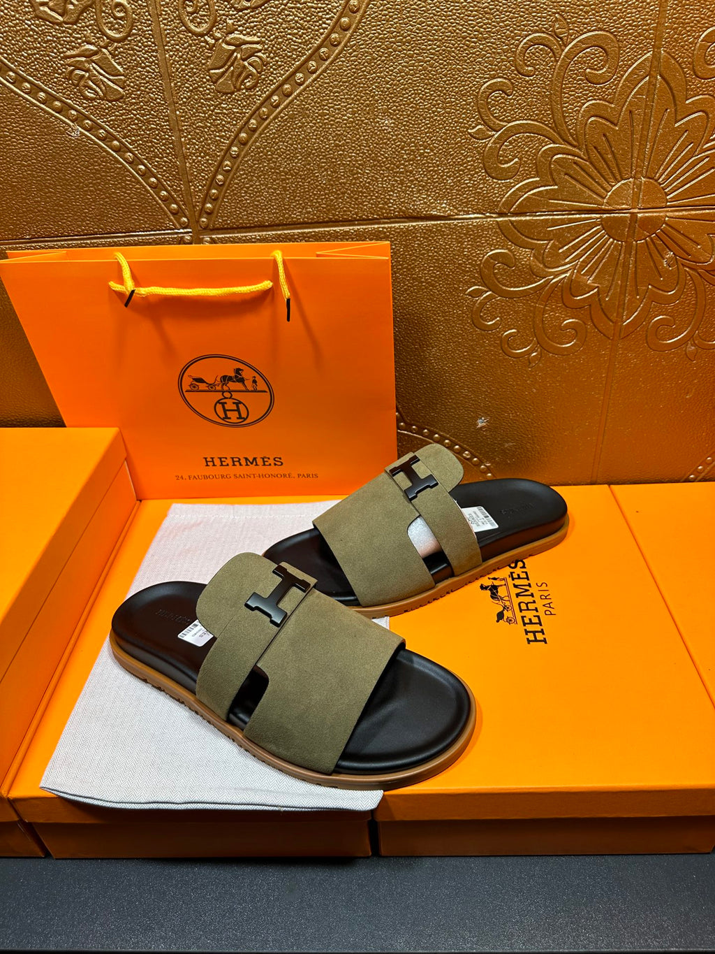 Olive suede Hermes slide sandals with two H buckle straps