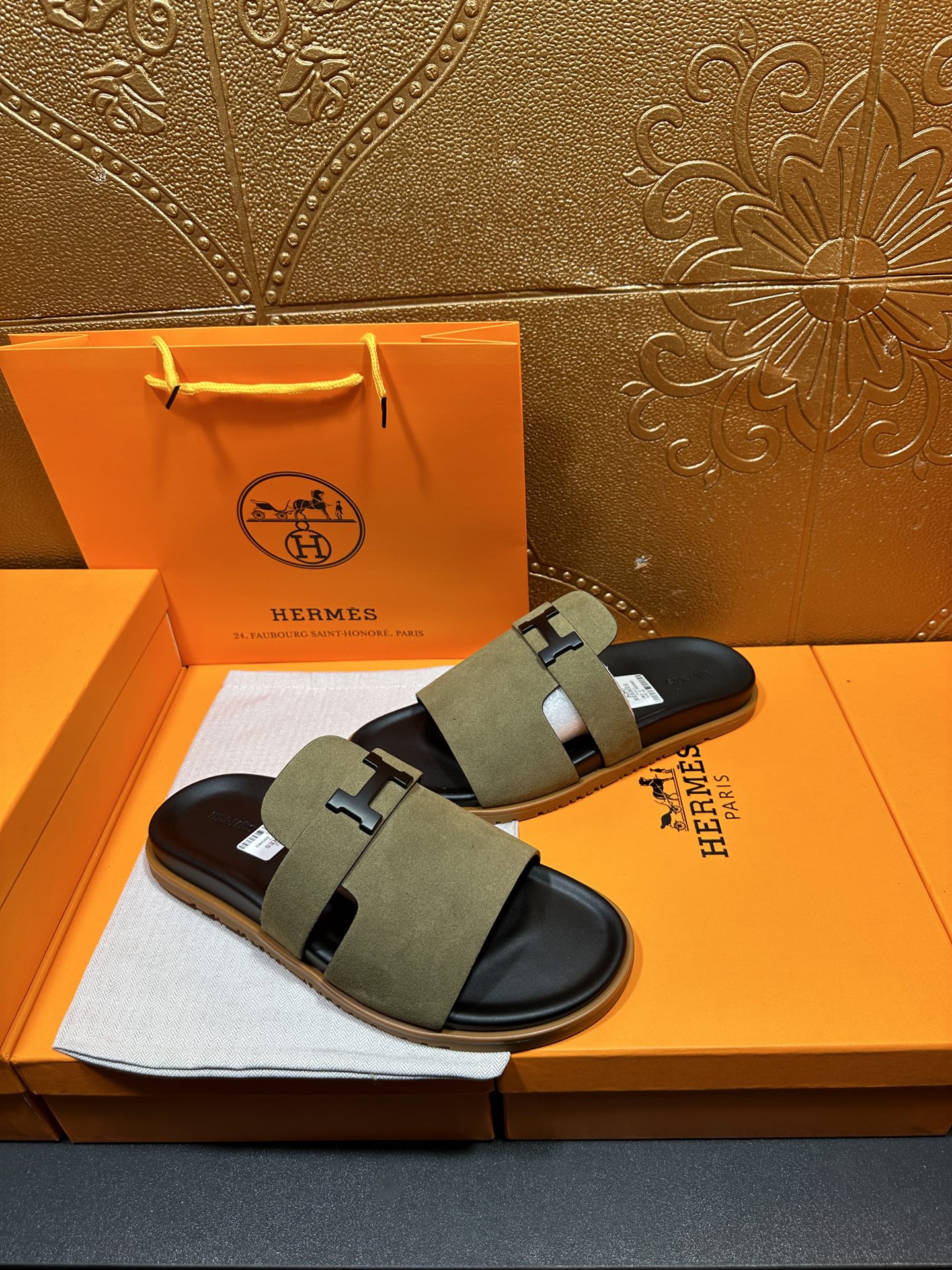 Olive suede Hermes slide sandals with two H buckle straps