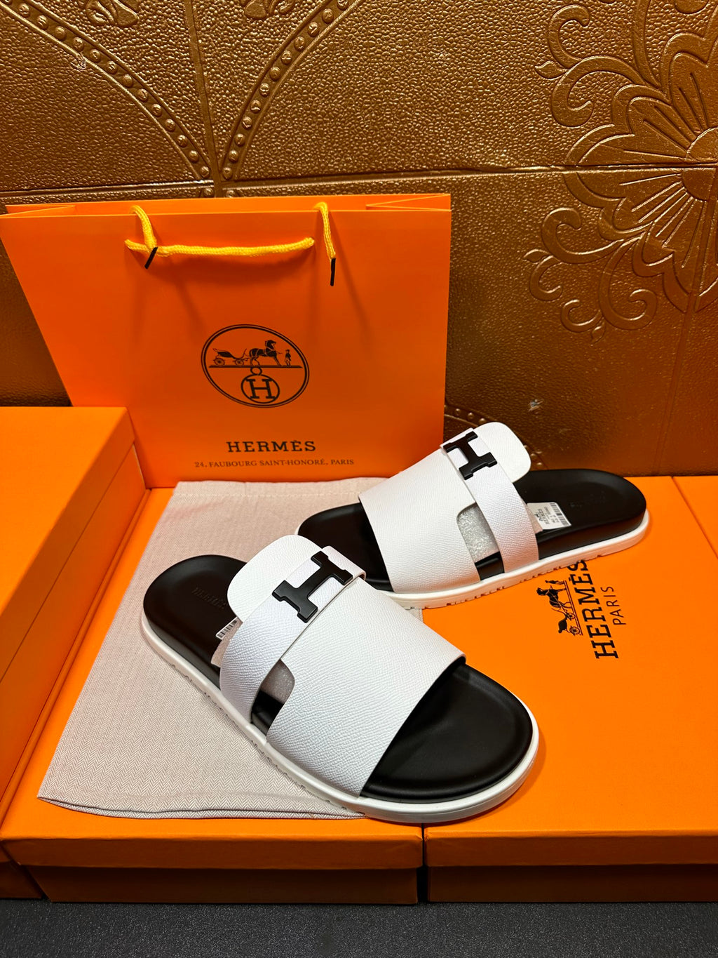 Hermes slide sandals, white strap slides with black footbed and H buckle