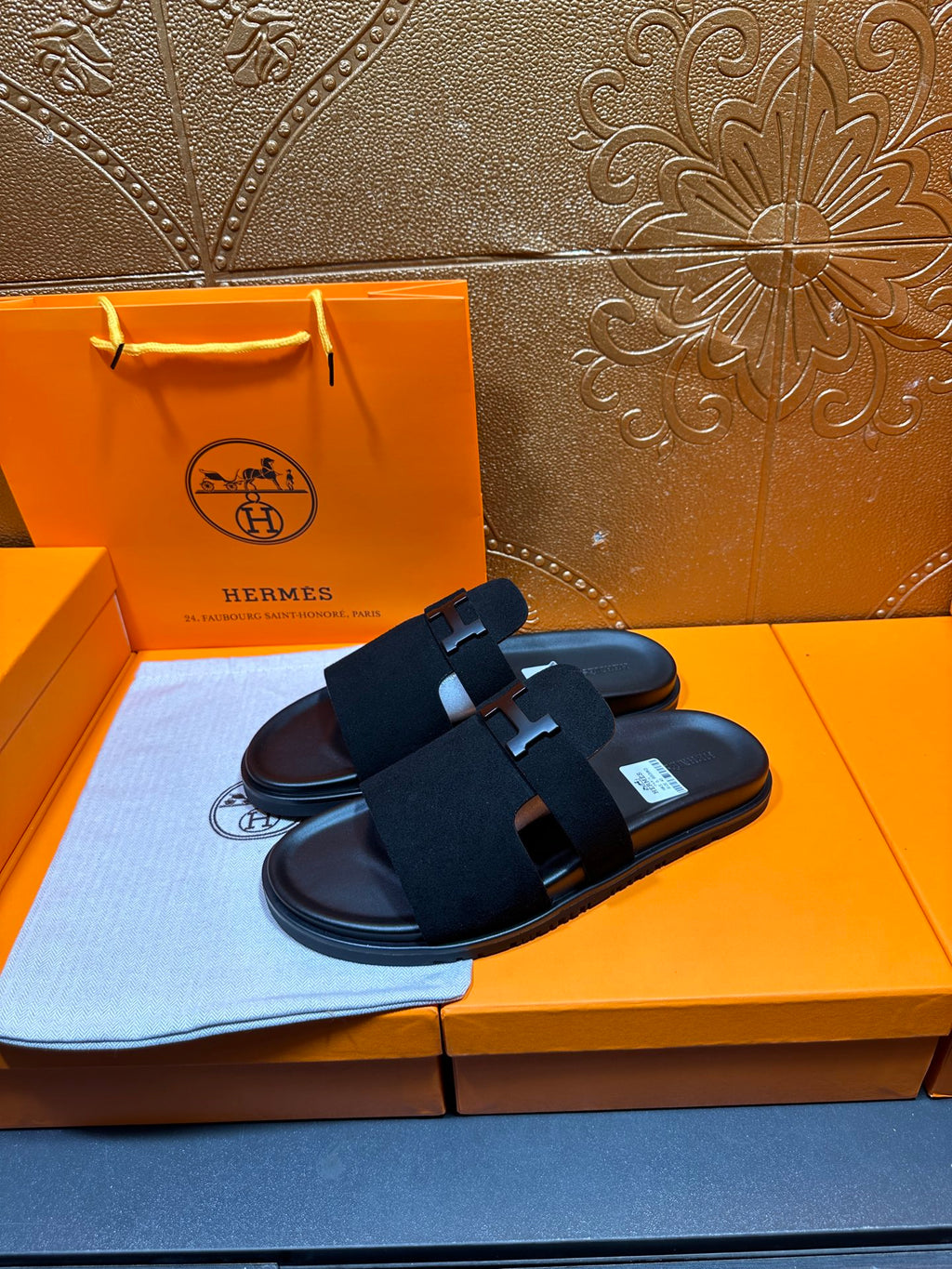 Hermes black slide sandals with two strap H buckle