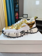 Versace chunky sneakers, white and gold uppers with gold logo accents, checkered sole