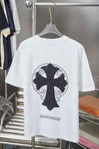 White graphic T-shirt with large black cross emblem centered on the back
