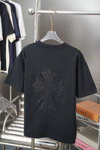 Black short-sleeve T-shirt with large dark circular logo graphic