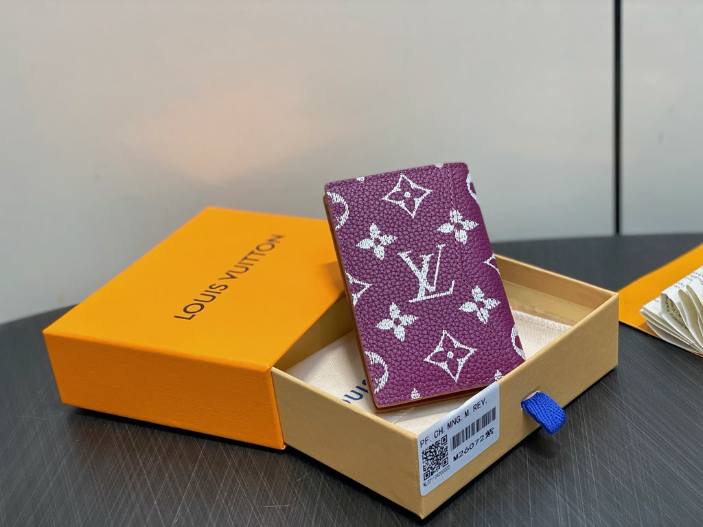 Purple small bag with white LV monogram pattern, inside cardboard gift box