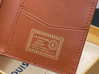 Brown leather small bag with engraved organizer label, card slot view