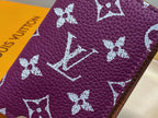 Purple leather small bag with white LV monogram flowers, close-up