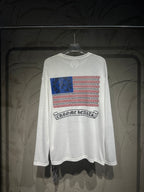 White long-sleeve shirt with large chest graphic in blue, red, and white.