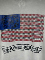 Long-sleeve graphic shirt in white with red and blue stripe pattern and front text logo