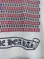 Long-sleeve graphic shirt, front logo text across chest with red and blue stripe bands