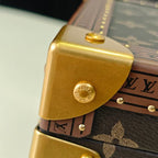Louis Vuitton monogram trunk corner close-up with gold cap and fastening hardware