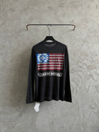 Long-sleeve T-shirt with bold back stripe graphic in blue, red, and white
