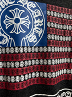Close-up of stripe graphic with blue and red blocks plus white emblem pattern