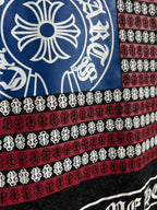 Close-up of patterned stripe panel on long-sleeve T-shirt in blue and red