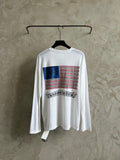 White long-sleeve shirt with front graphic featuring striped pattern and band logo.