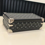 Louis Vuitton monogram storage trunk, front view with studs and metal clasps